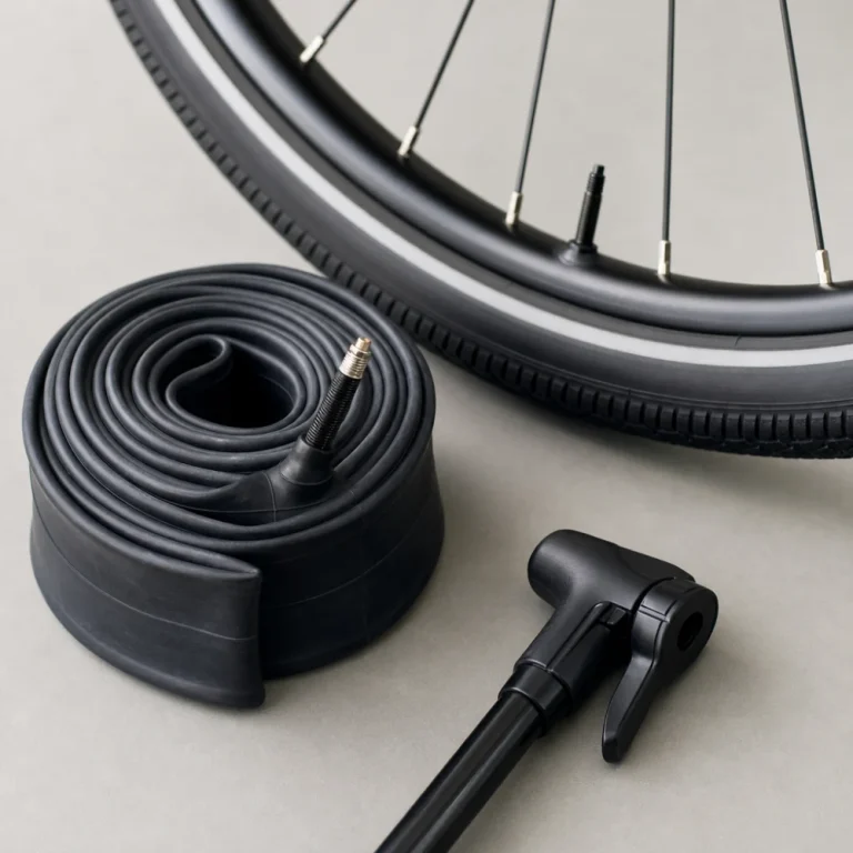 A bicycle inner tube shown with a wheel and pump head on a plain background
