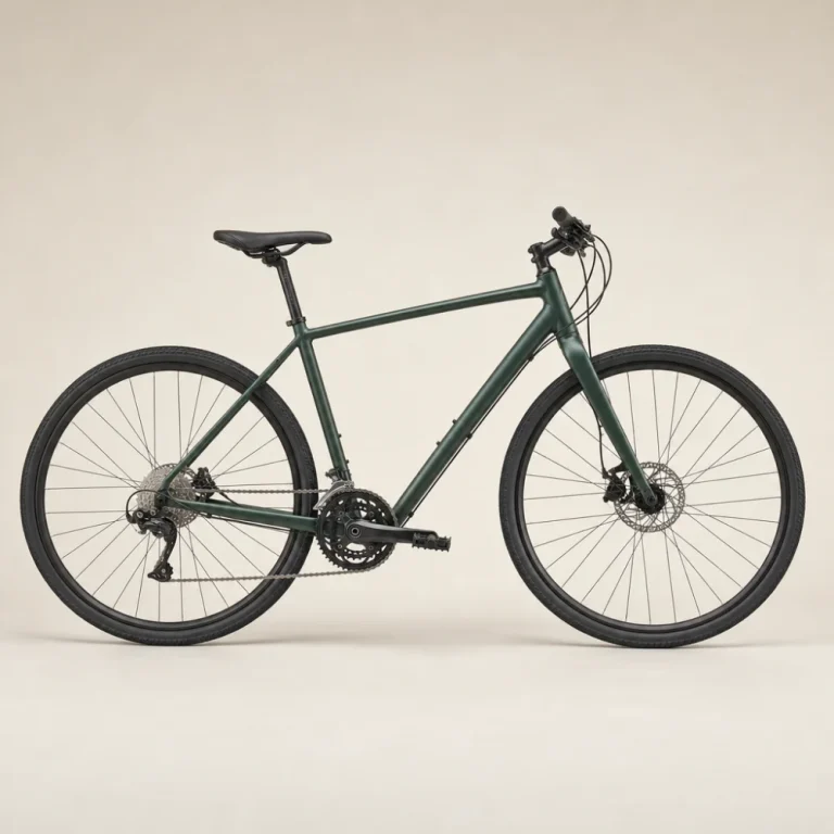 A bicycle shown in side view on a plain background