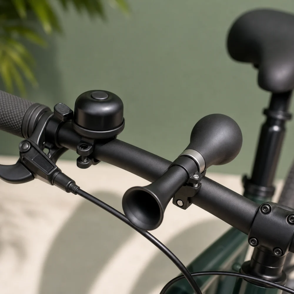 Bicycle handlebar accessories showing a bell and a horn-style alert on a neutral background.