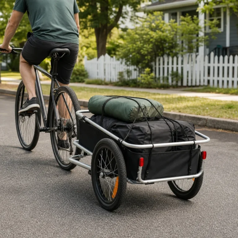A bicycle with a cargo trailer carrying bundled gear on a street.