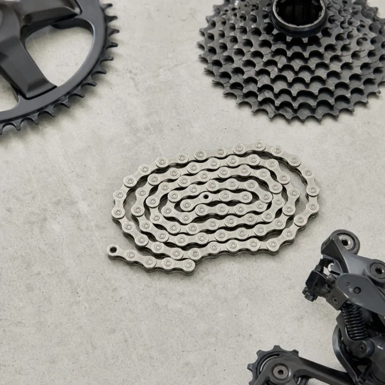 A bicycle chain laid out with related drivetrain parts on a neutral background.