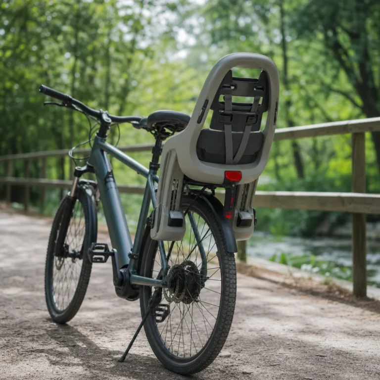 A bicycle with a child seat mounted on the rear for a family ride.