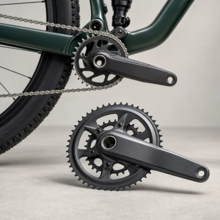 A generic bicycle crankset shown beside part of a bike drivetrain on a plain background.