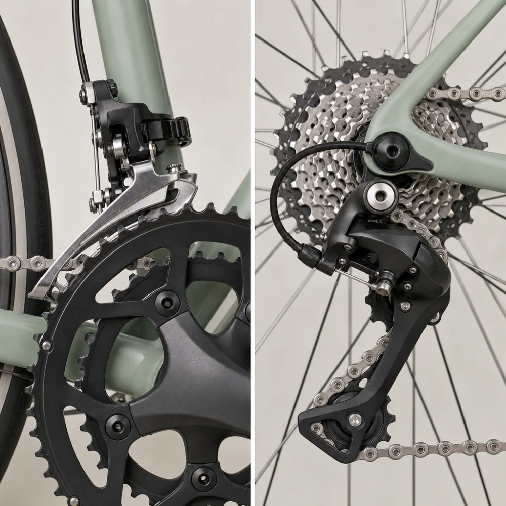 A front derailleur and rear derailleur shown as separate neutral bicycle component illustrations.