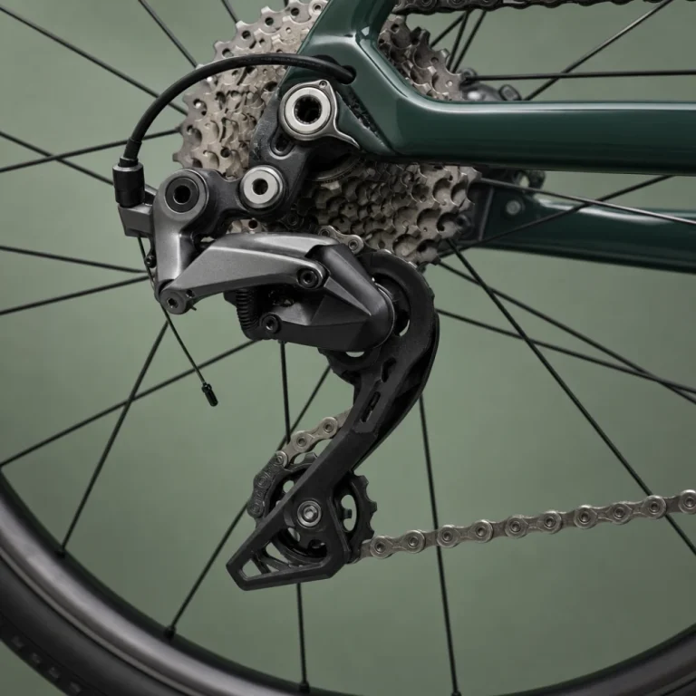 A bicycle derailleur mounted near the rear wheel in a clean studio-style illustration.