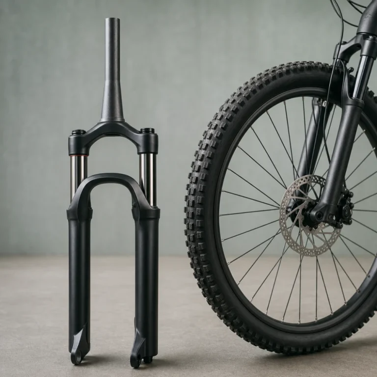 Generic bicycle fork next to a front wheel on a neutral background