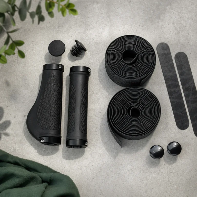 Generic bike grip and bar tape materials shown side by side on a neutral background.