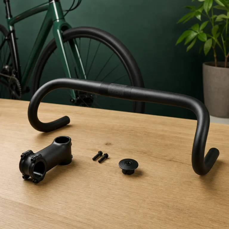 A generic bicycle handlebar and cockpit components arranged on a plain background