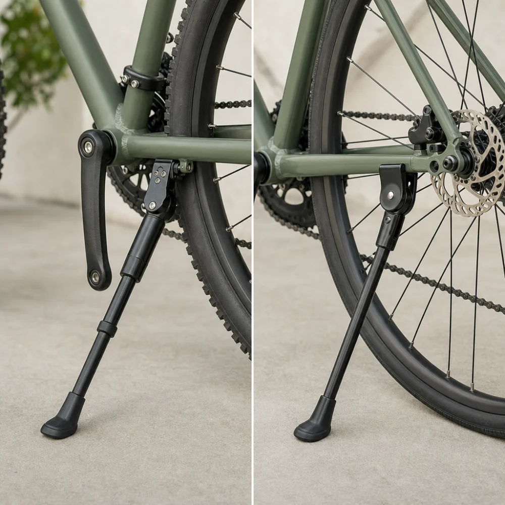 Two generic bicycles showing different kickstand mounting styles.