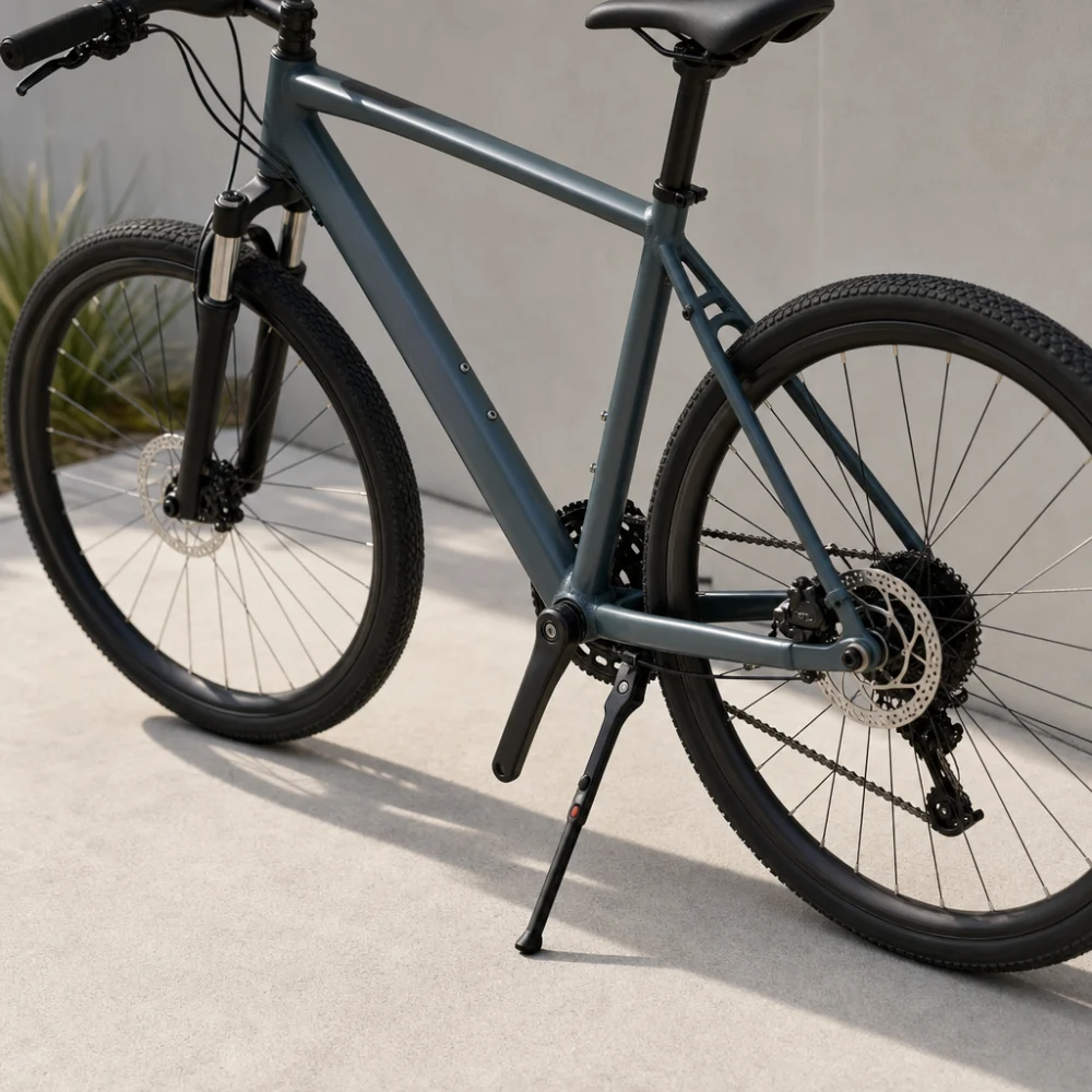 A bicycle standing on a kickstand on a plain background.