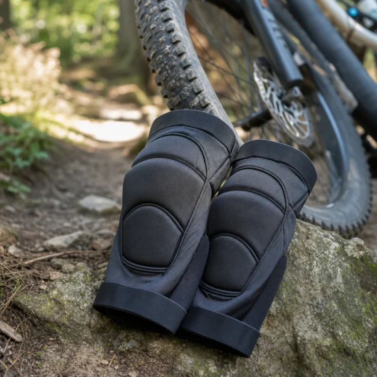 Generic bike knee pads shown beside a mountain bike wheel on a trail surface