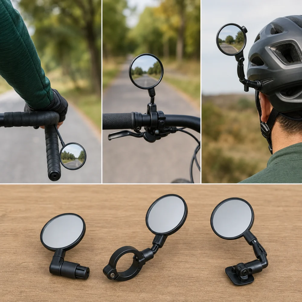 Three different bike mirror styles shown side by side for comparison.