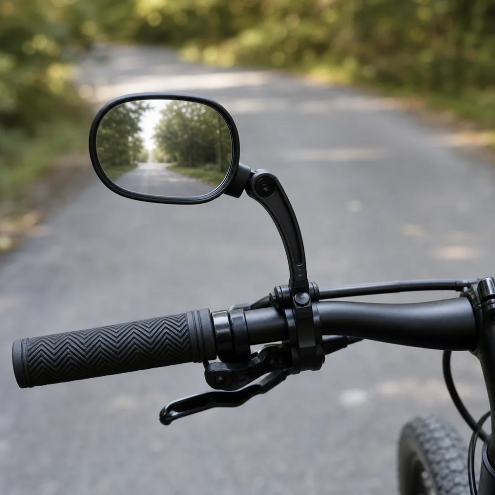 A bicycle handlebar with a mounted rear-view mirror in a neutral outdoor setting.
