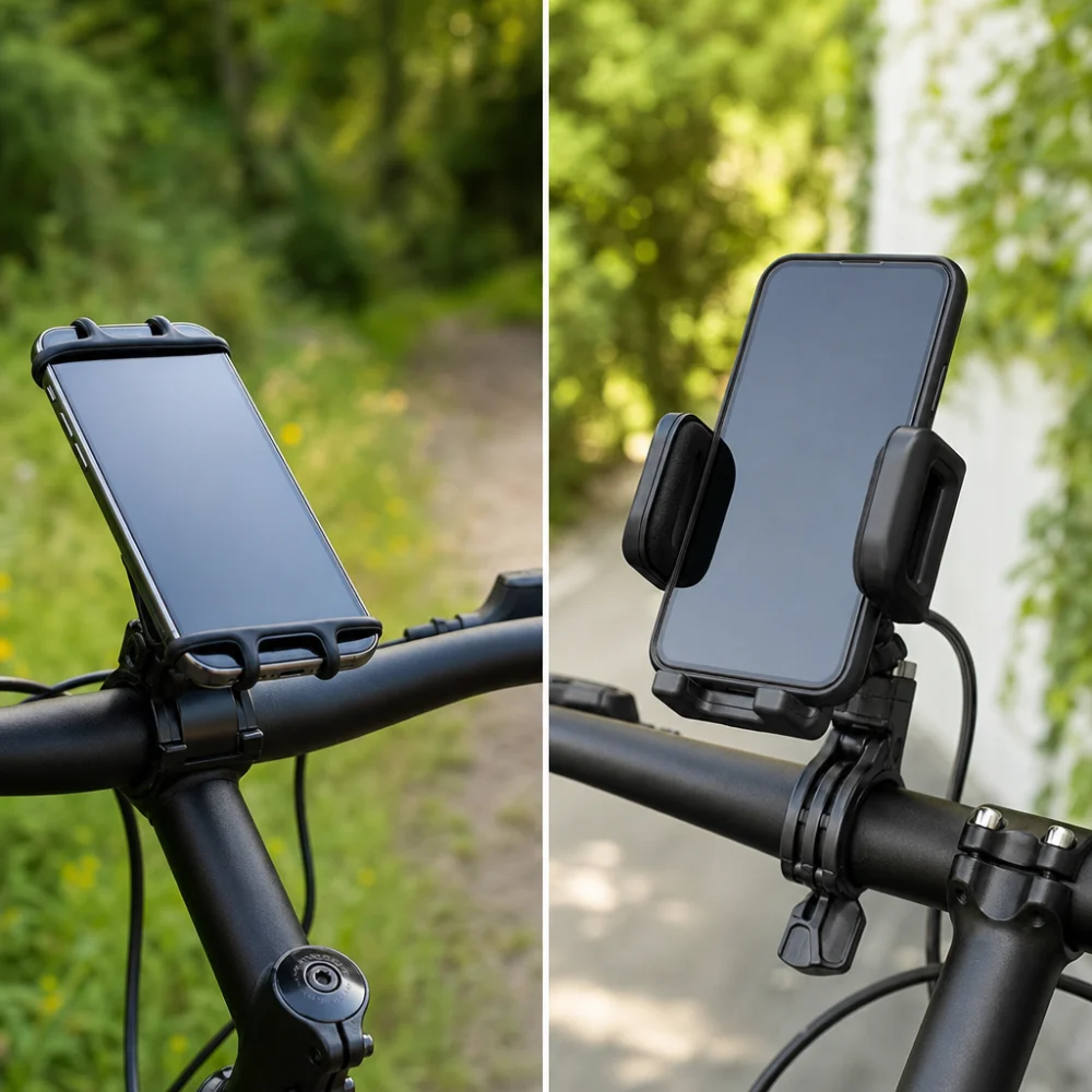 Two different styles of bike phone mounts shown side by side