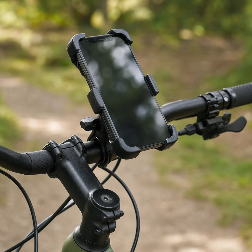 A bike handlebar phone mount holding a smartphone on a bicycle