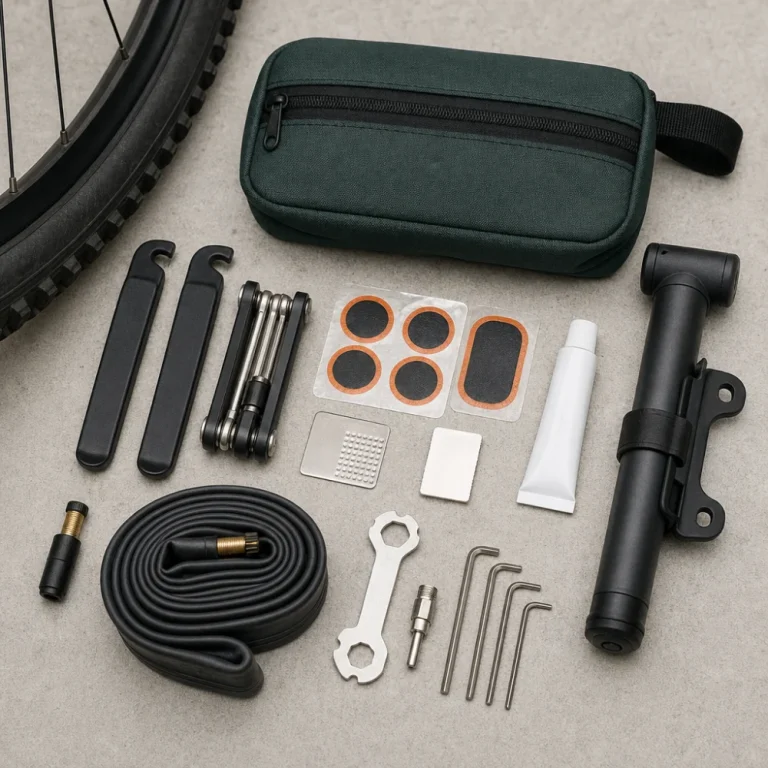 A generic bike repair kit laid out neatly on a neutral background.