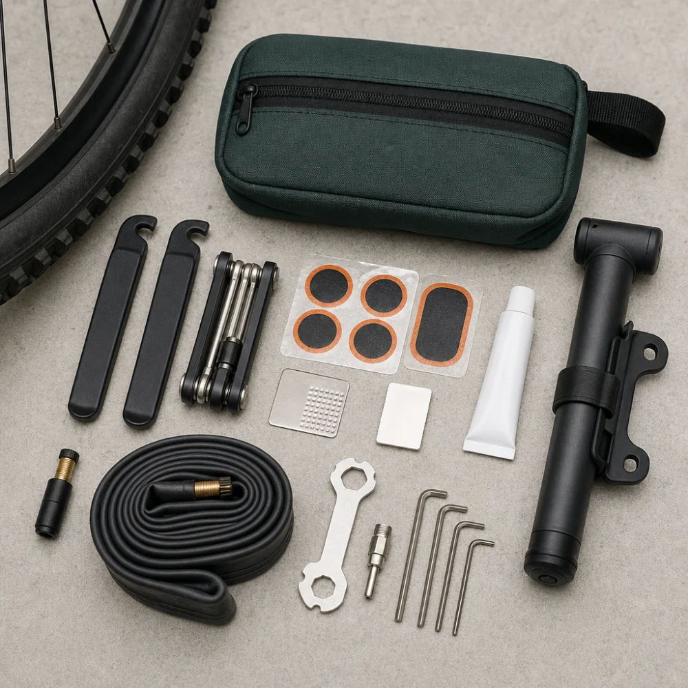 A generic bike repair kit laid out neatly on a neutral background.