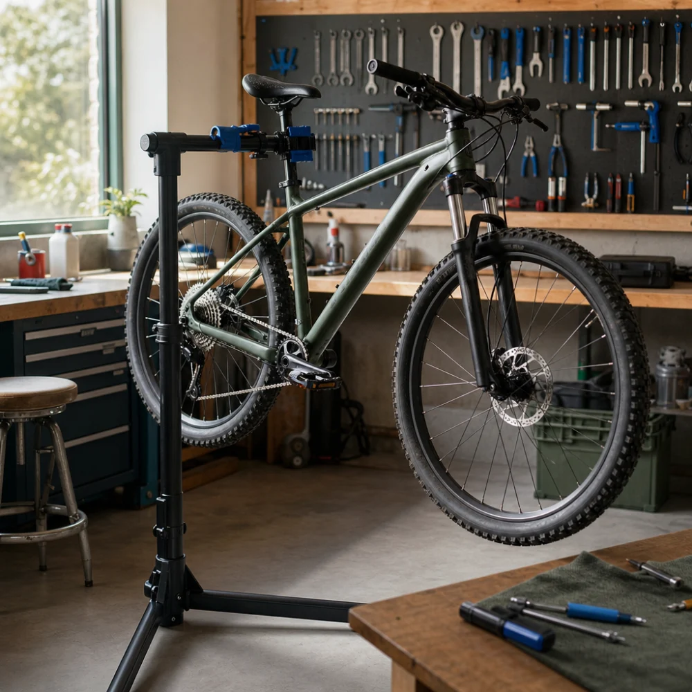 A bicycle held in a repair stand in a tidy workshop setting.