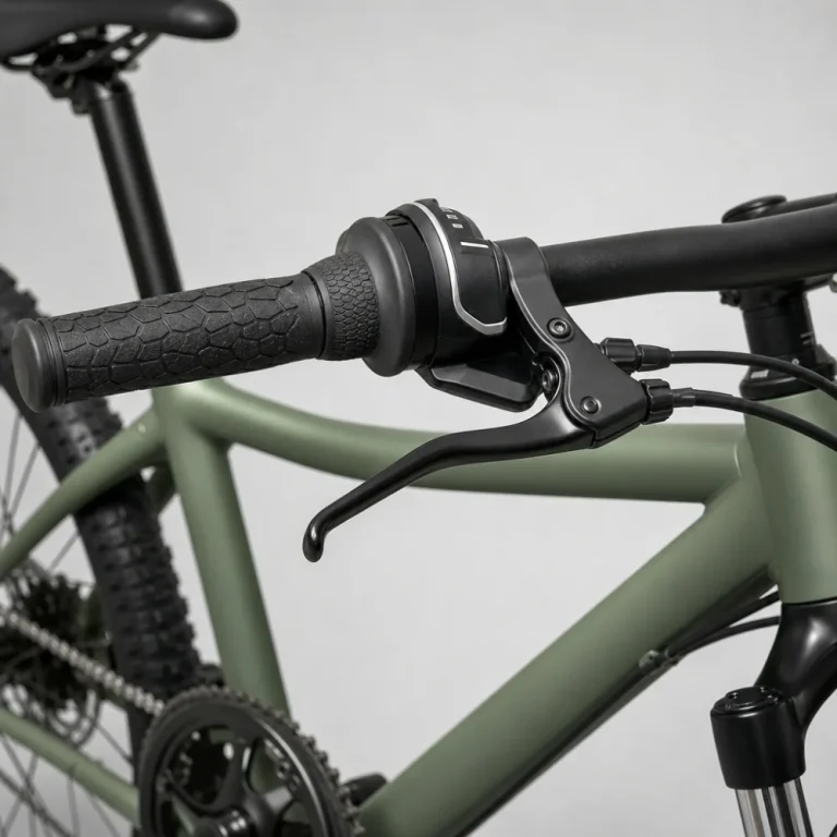 Bicycle handlebar with a generic shifter control and drivetrain parts on a neutral background.