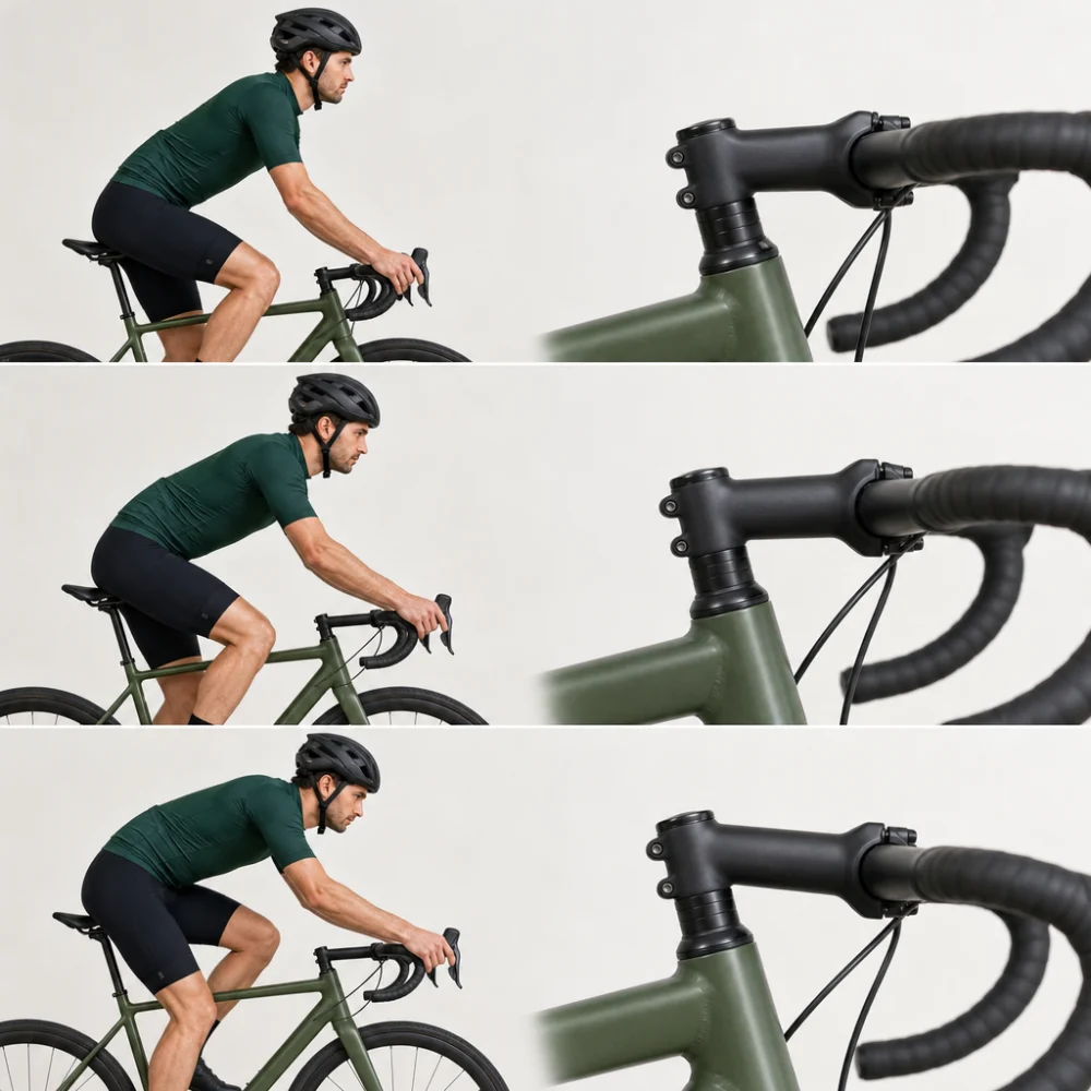 Side view of a bicycle cockpit showing how stem length and angle affect reach and handlebar height.