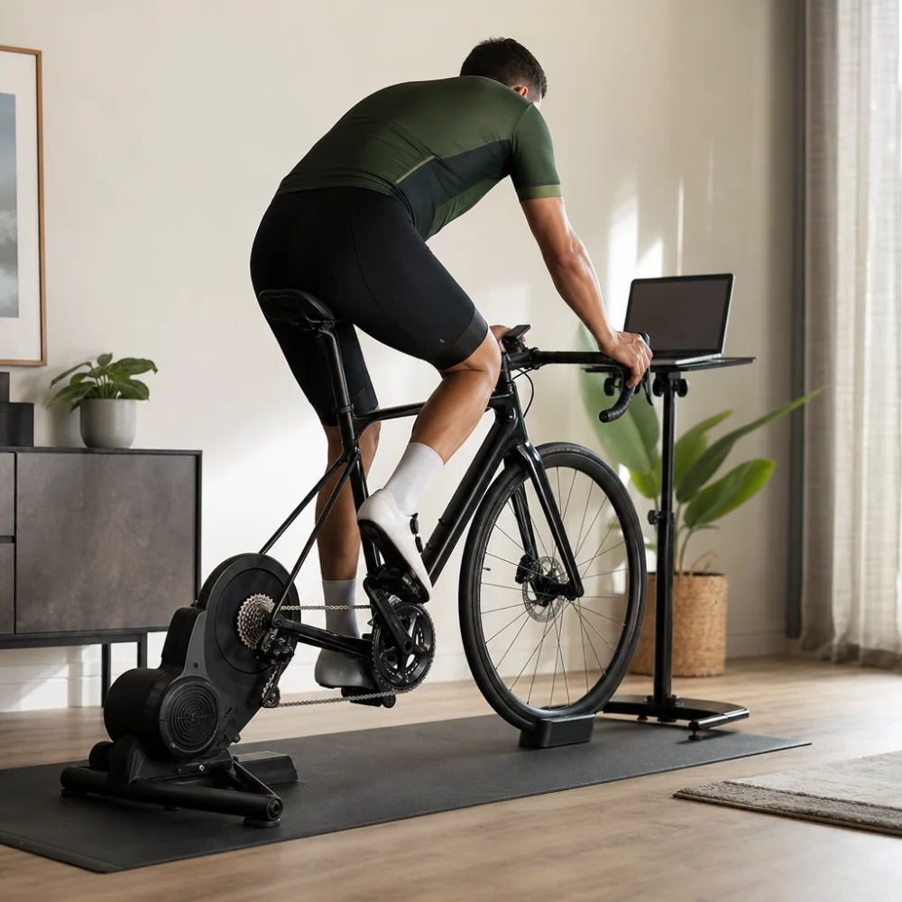 A bicycle mounted on a bike trainer in a simple indoor room