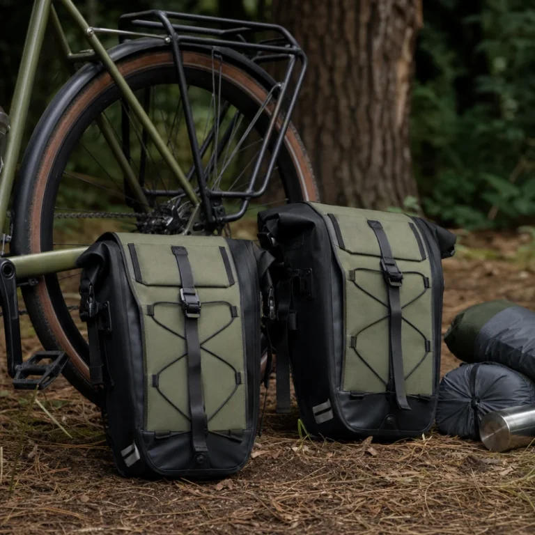 Two bikepacking panniers next to a bike rack and small camping gear