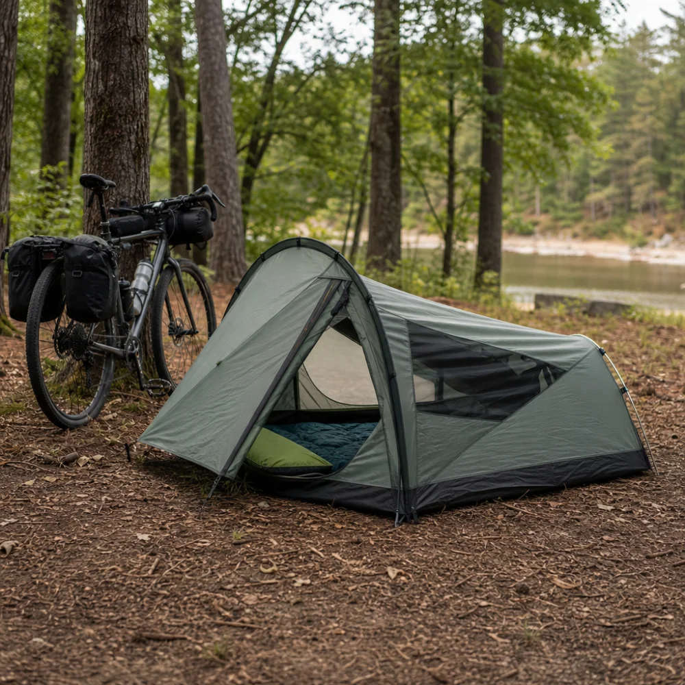 A bikepacking tent pitched beside a loaded touring bicycle at a campsite.