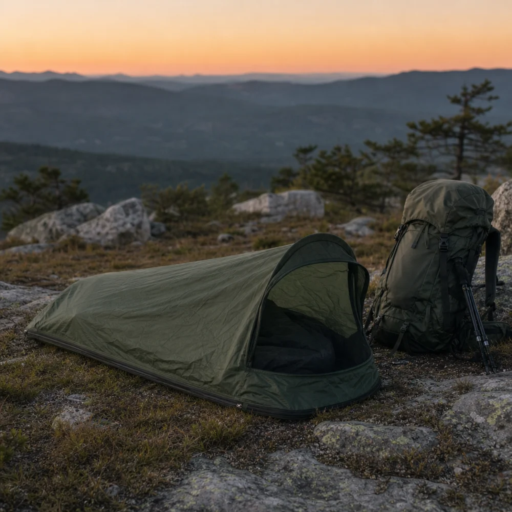 A bivy sack set up beside a backpack in a minimalist outdoor camping scene