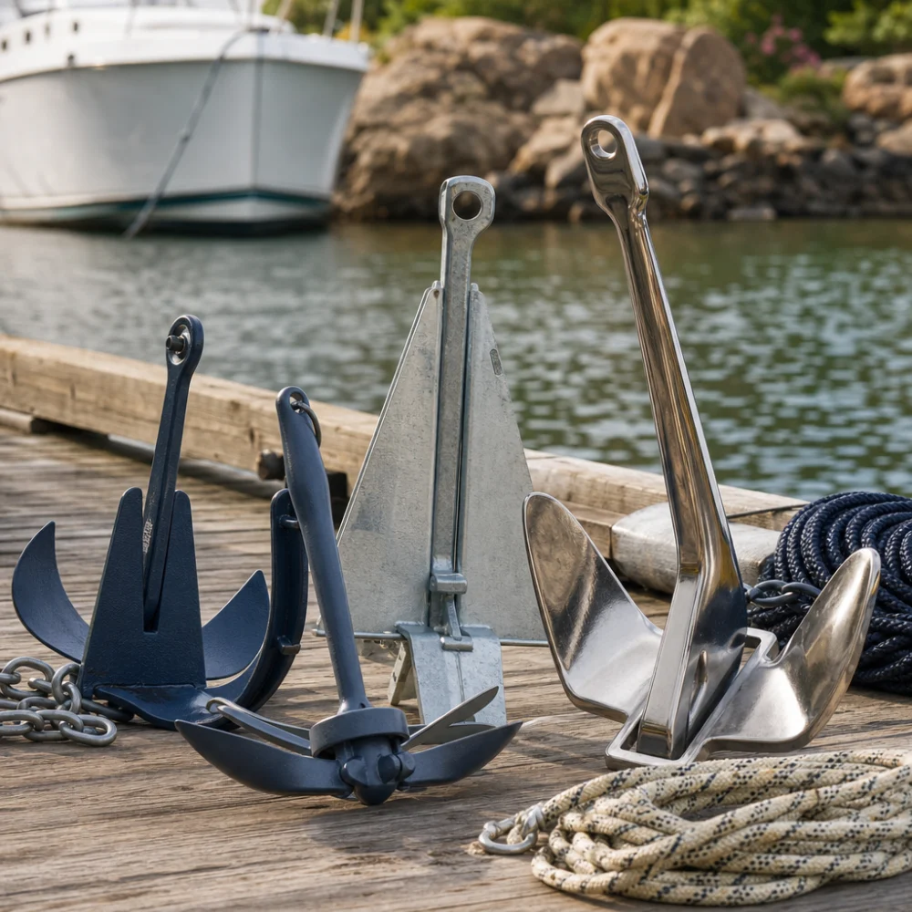 Several boat anchors with rope and chain on a dockside surface