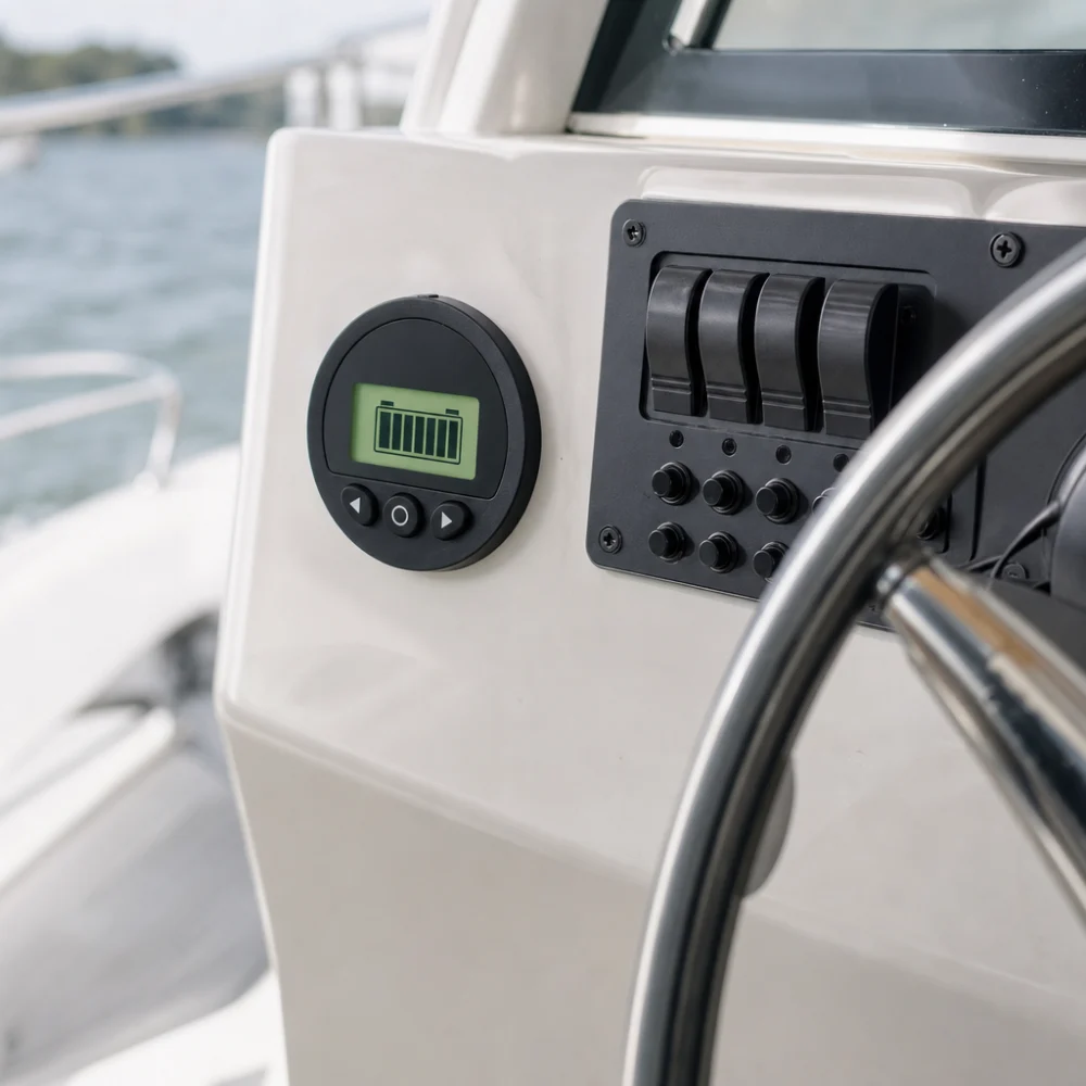 A generic boat battery monitor mounted near a boat electrical panel.