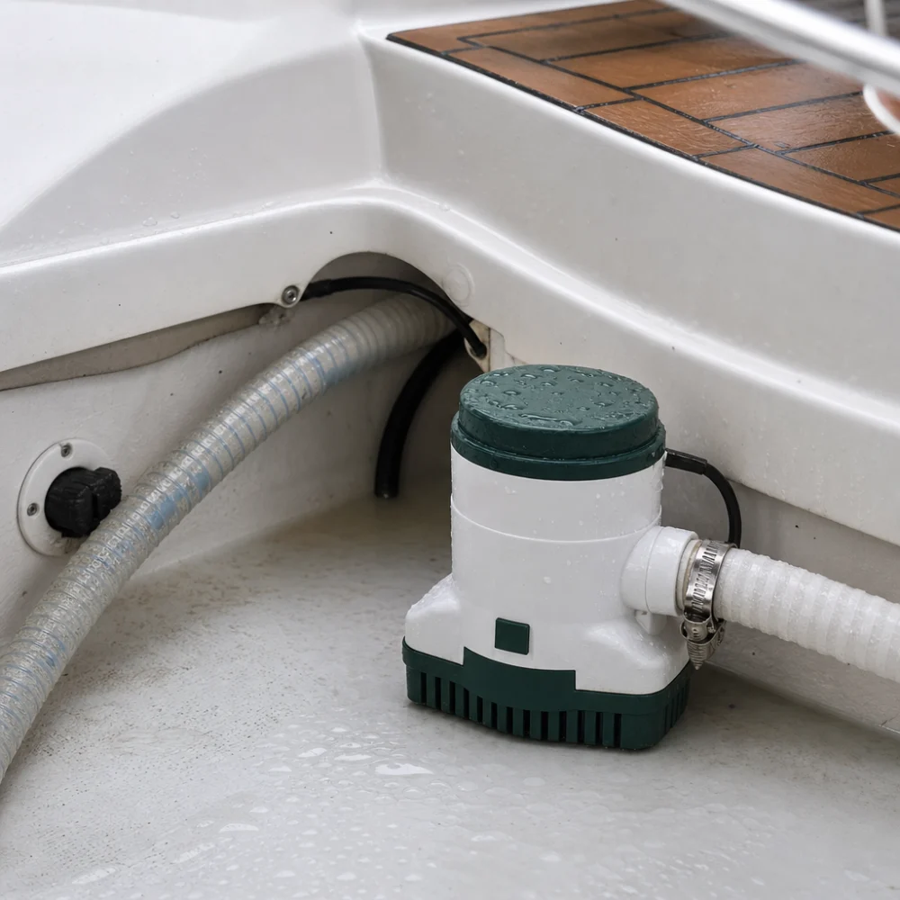 Generic boat bilge pump in a wet marine compartment
