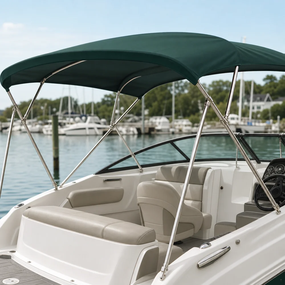 Boat bimini top shading a small boat cockpit at the marina.
