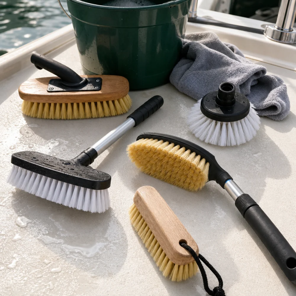 Assorted unbranded boat cleaning brushes arranged on a neutral surface for comparison