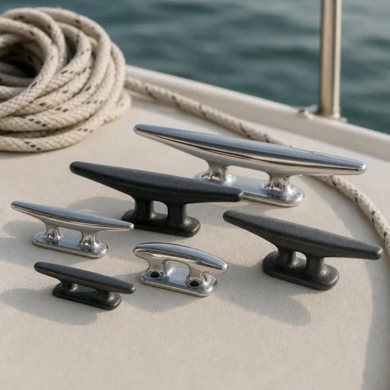 Several boat cleats arranged beside coiled rope on a neutral surface