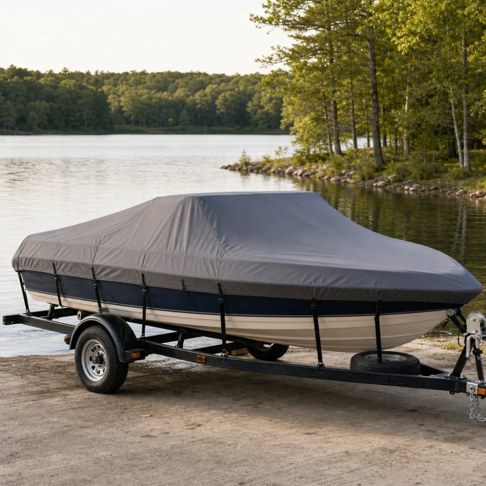 Boat covered on a trailer beside calm water
