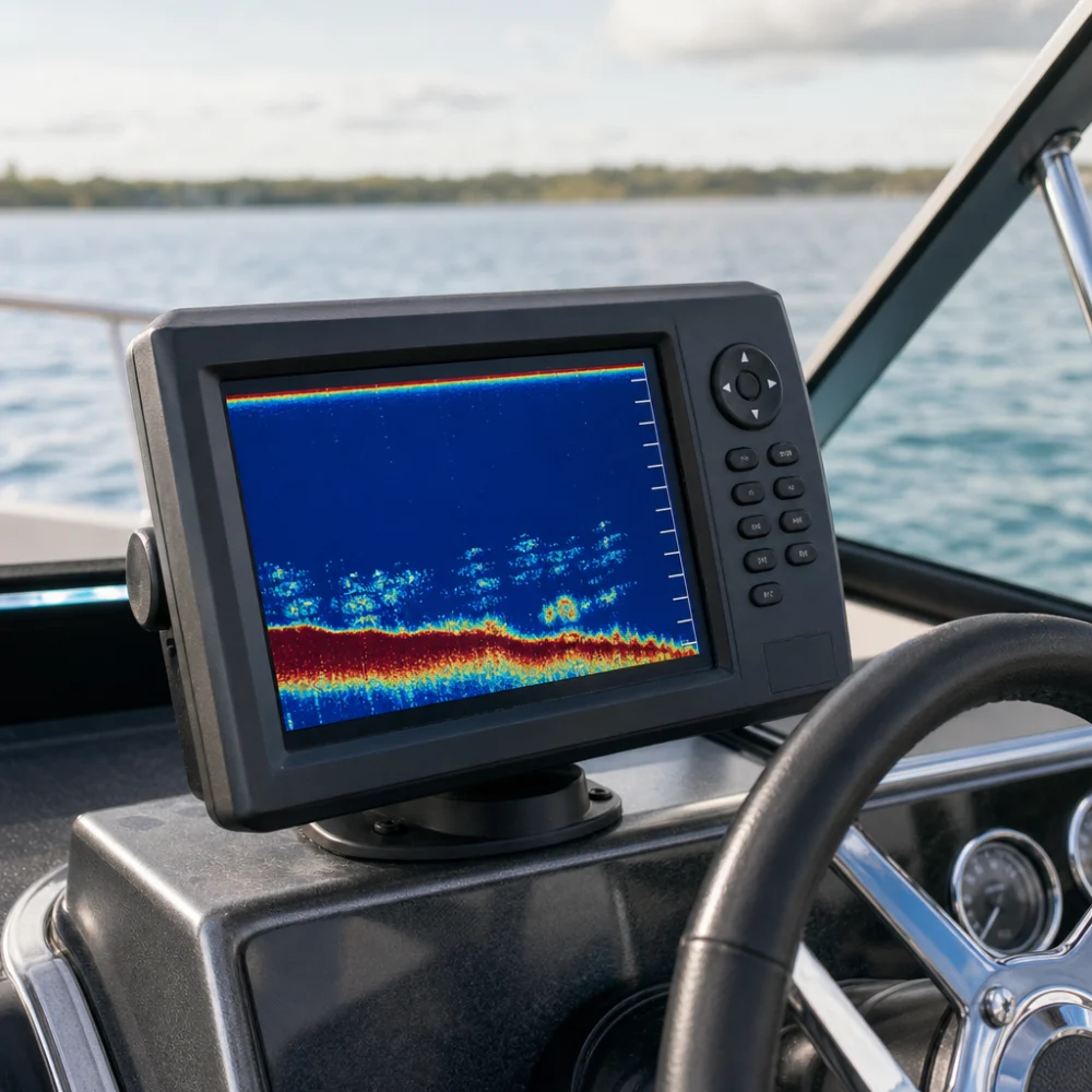 Boat helm with a mounted depth finder display