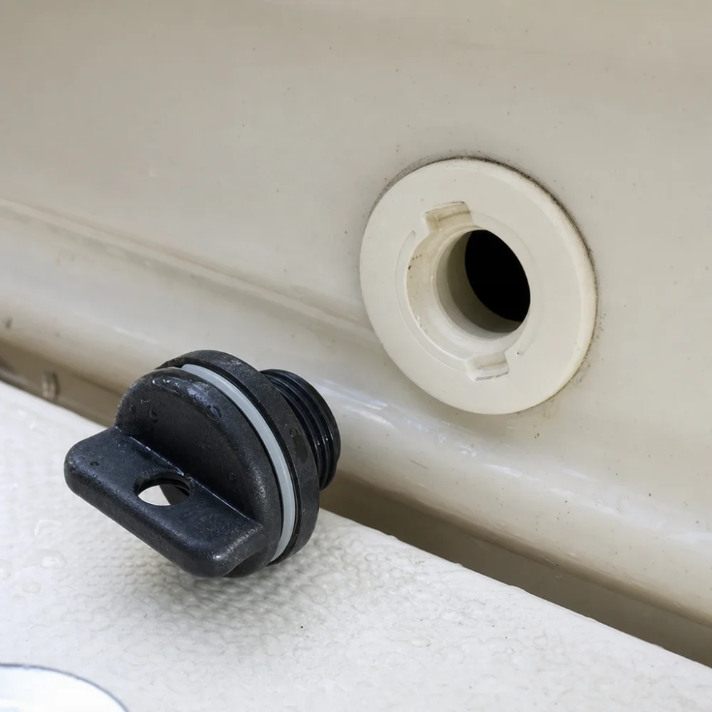 A generic boat drain plug beside a boat drain opening.