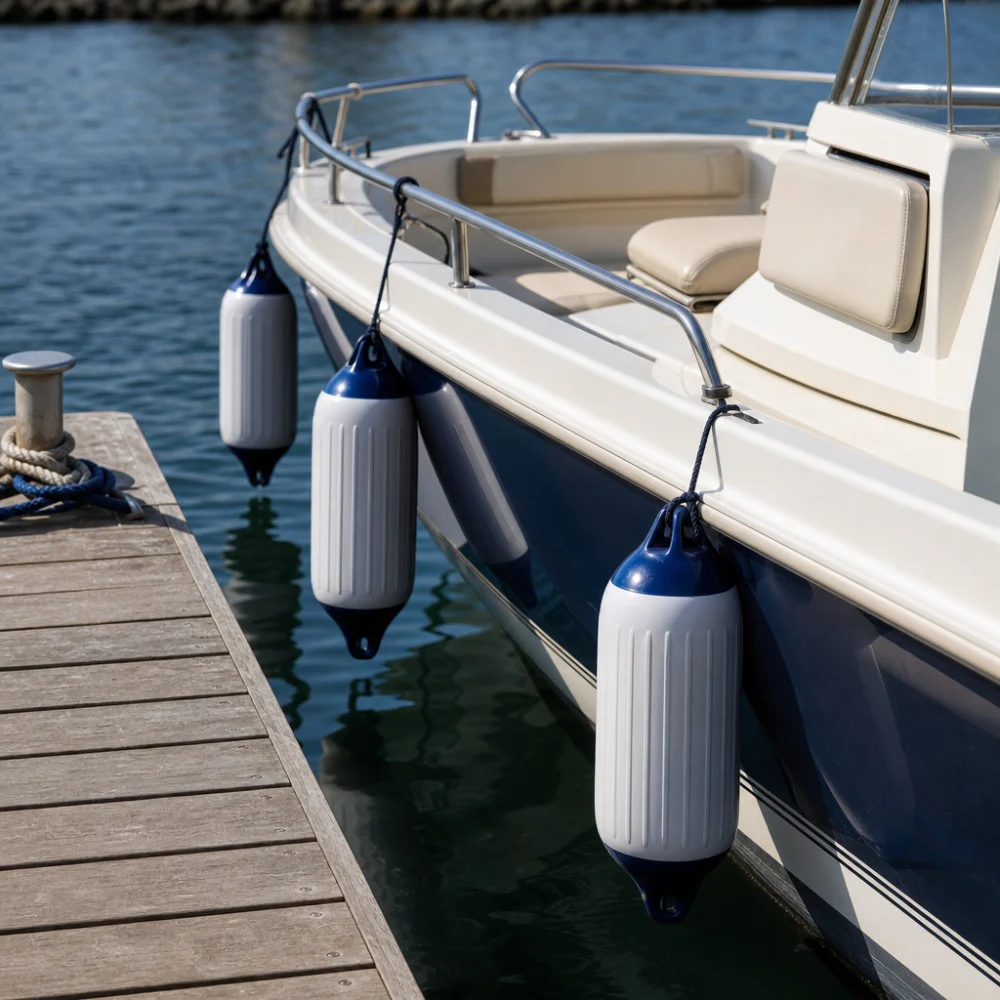 Small boat tied beside a dock with protective fenders along the hull