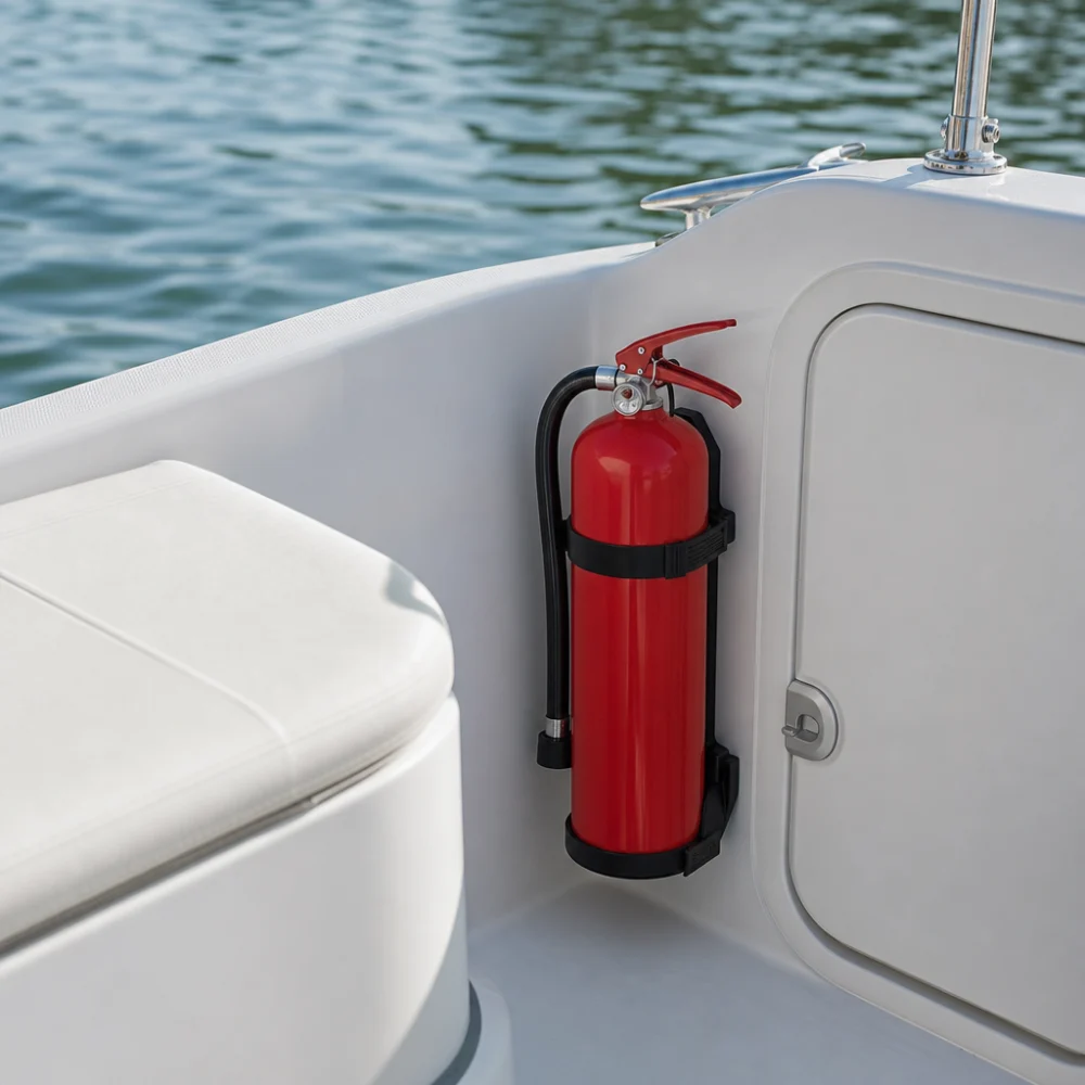 A boat fire extinguisher secured on board near a storage area