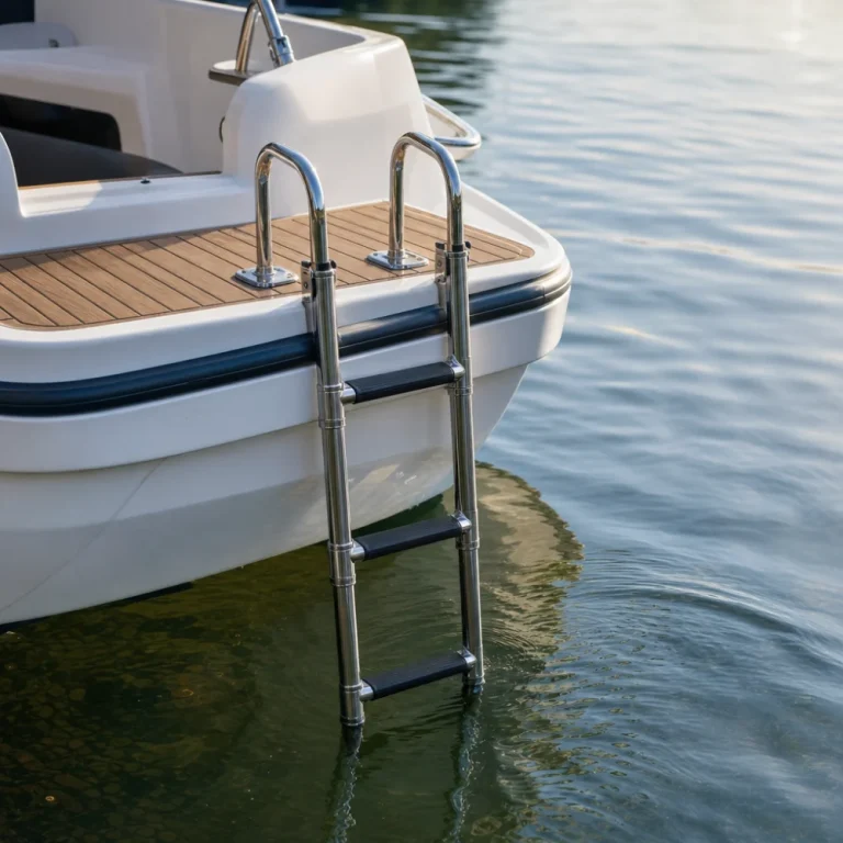 Boat ladder mounted on the stern of a small recreational boat
