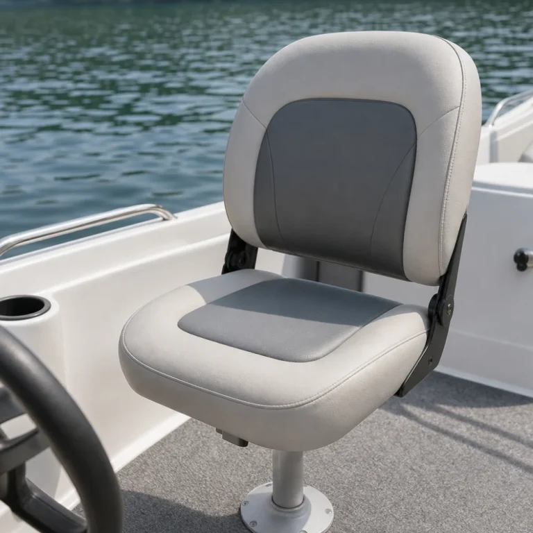 A generic cushioned boat seat on a boat deck with water in the background