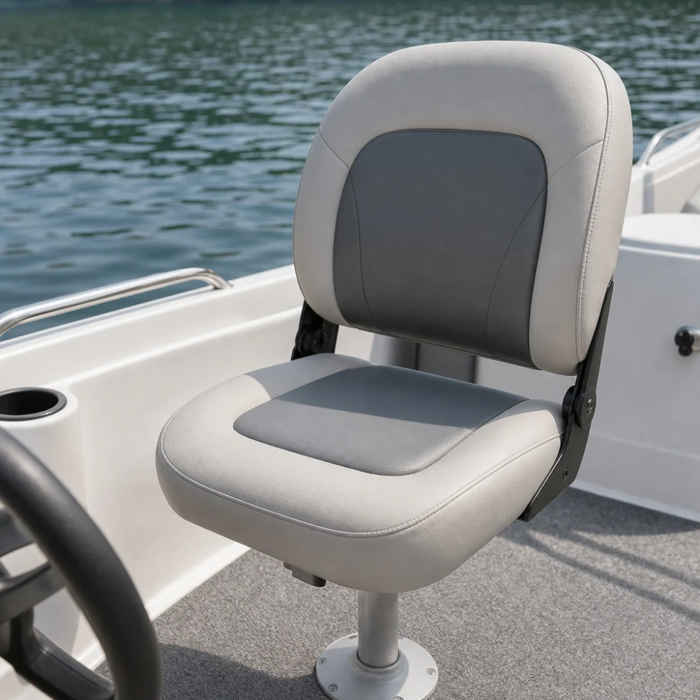 A generic cushioned boat seat on a boat deck with water in the background