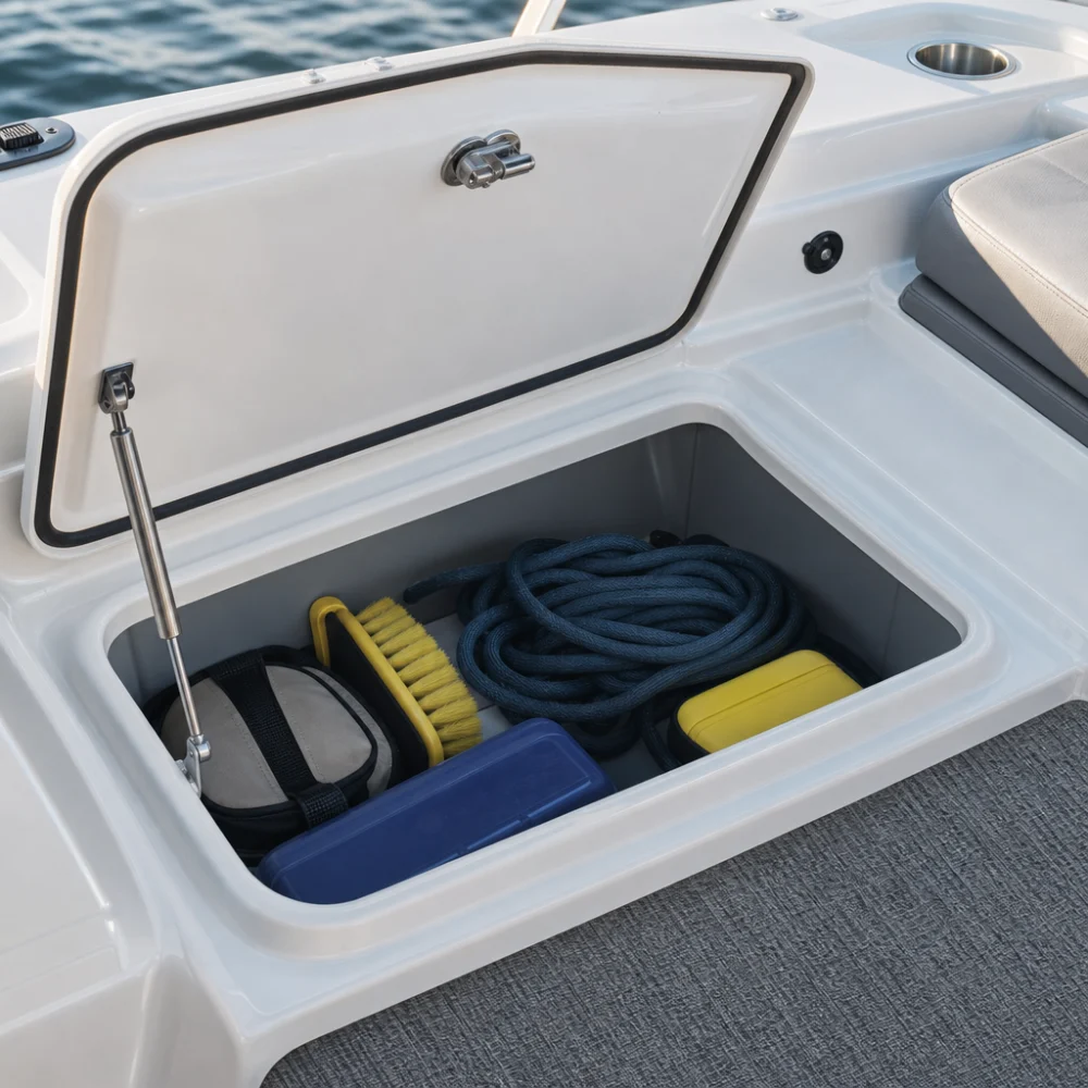 An open boat storage compartment built into a boat surface with organized gear nearby.