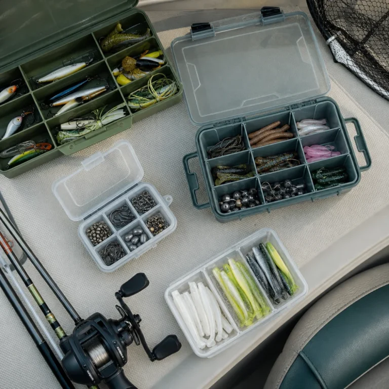 Neatly arranged boat tackle storage containers and fishing accessories on a boat deck