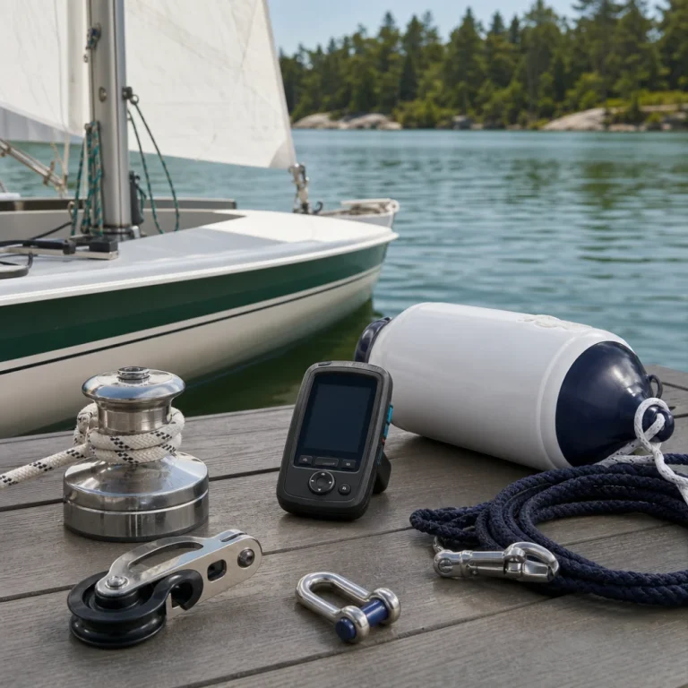 Sailboat gear and marine accessories on a dockside surface