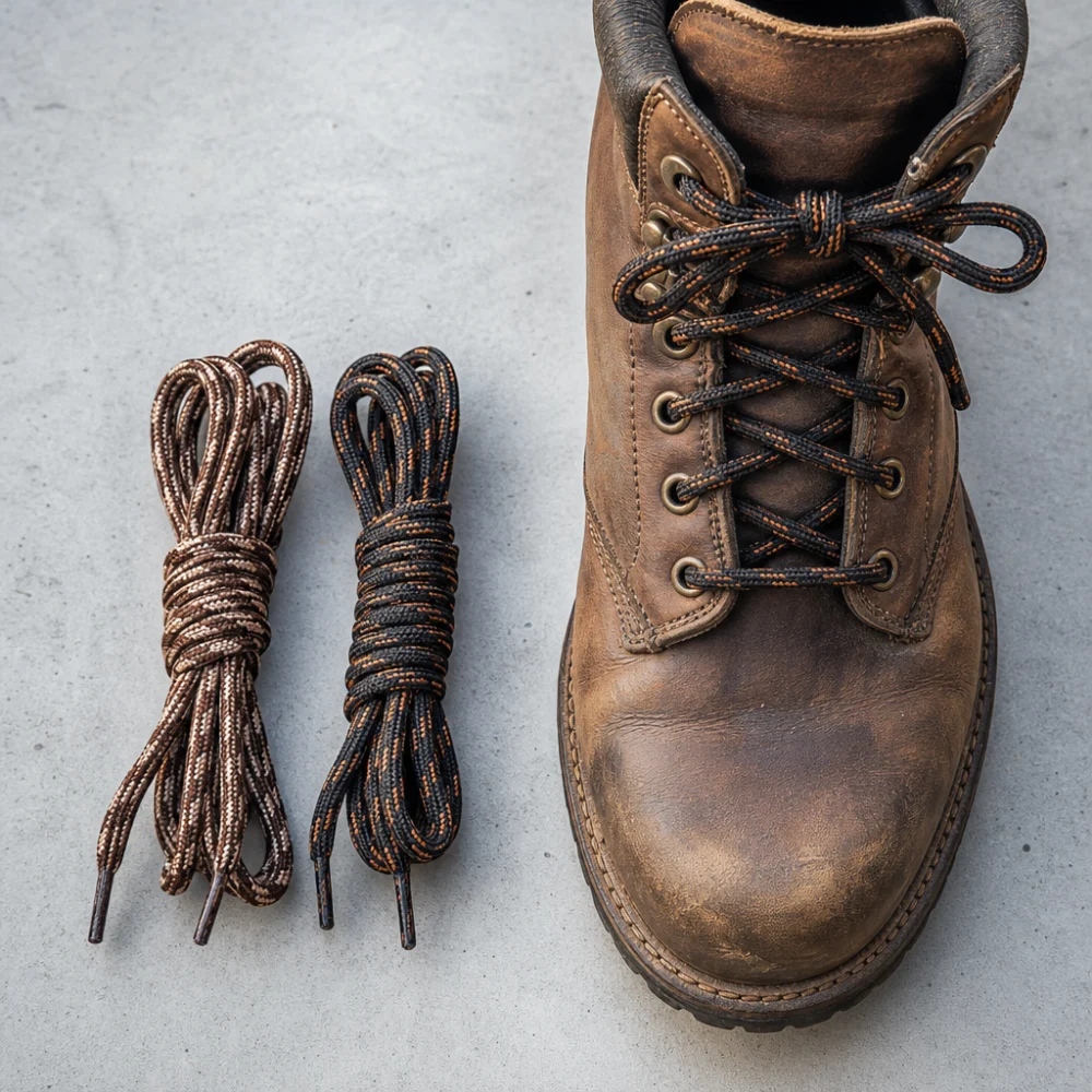 Boot laces laid beside a rugged boot on a neutral background