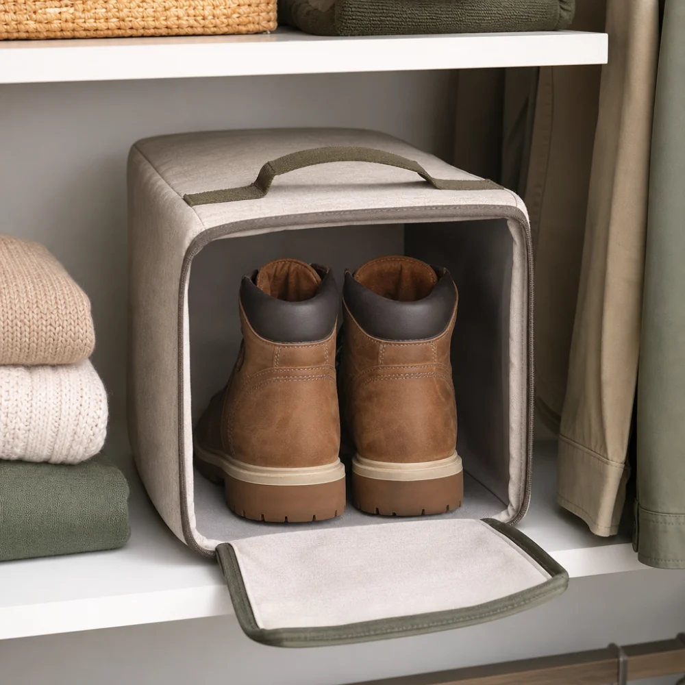 Boots stored inside a simple storage bag on a closet shelf.