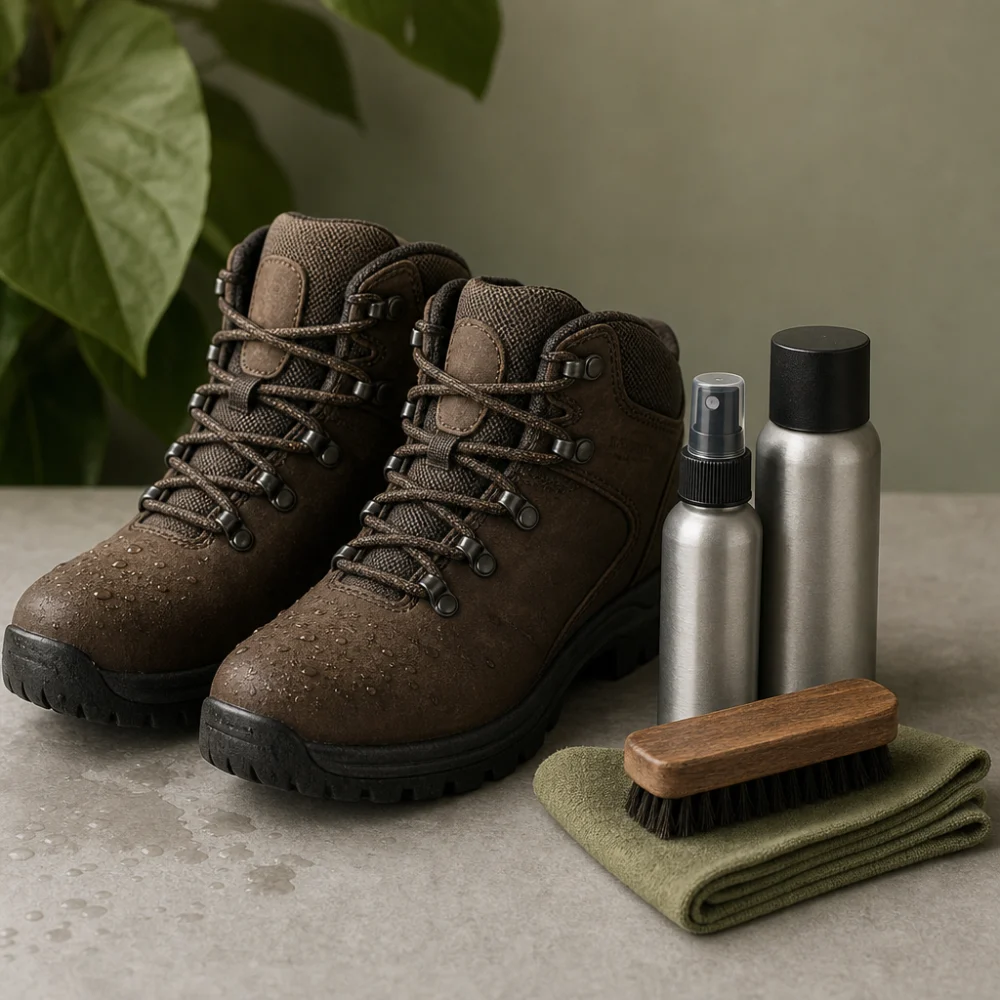 Boot care products arranged beside outdoor boots for waterproofing comparison