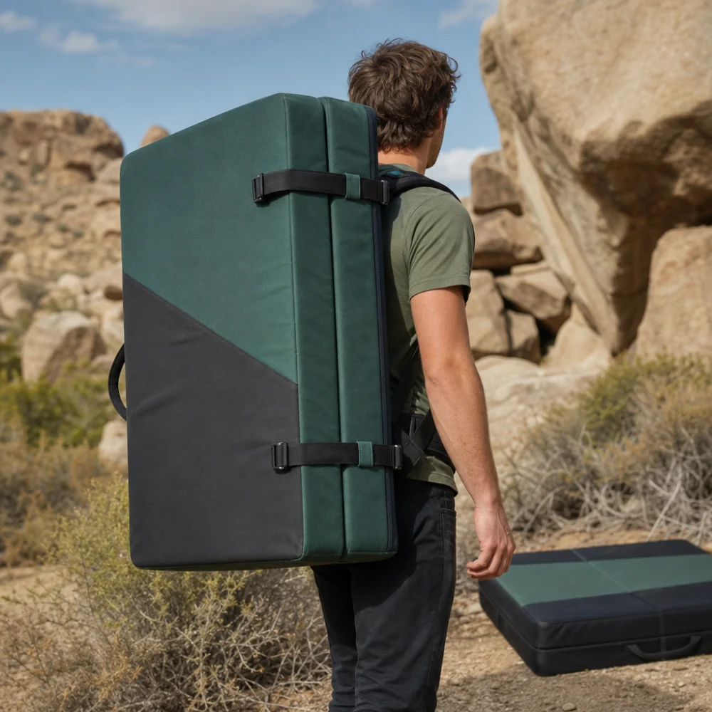 A bouldering crash pad carried by a simple generic carrier outdoors.