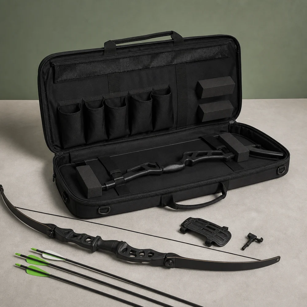 A bow case opened beside a bow and small archery accessories on a neutral background.